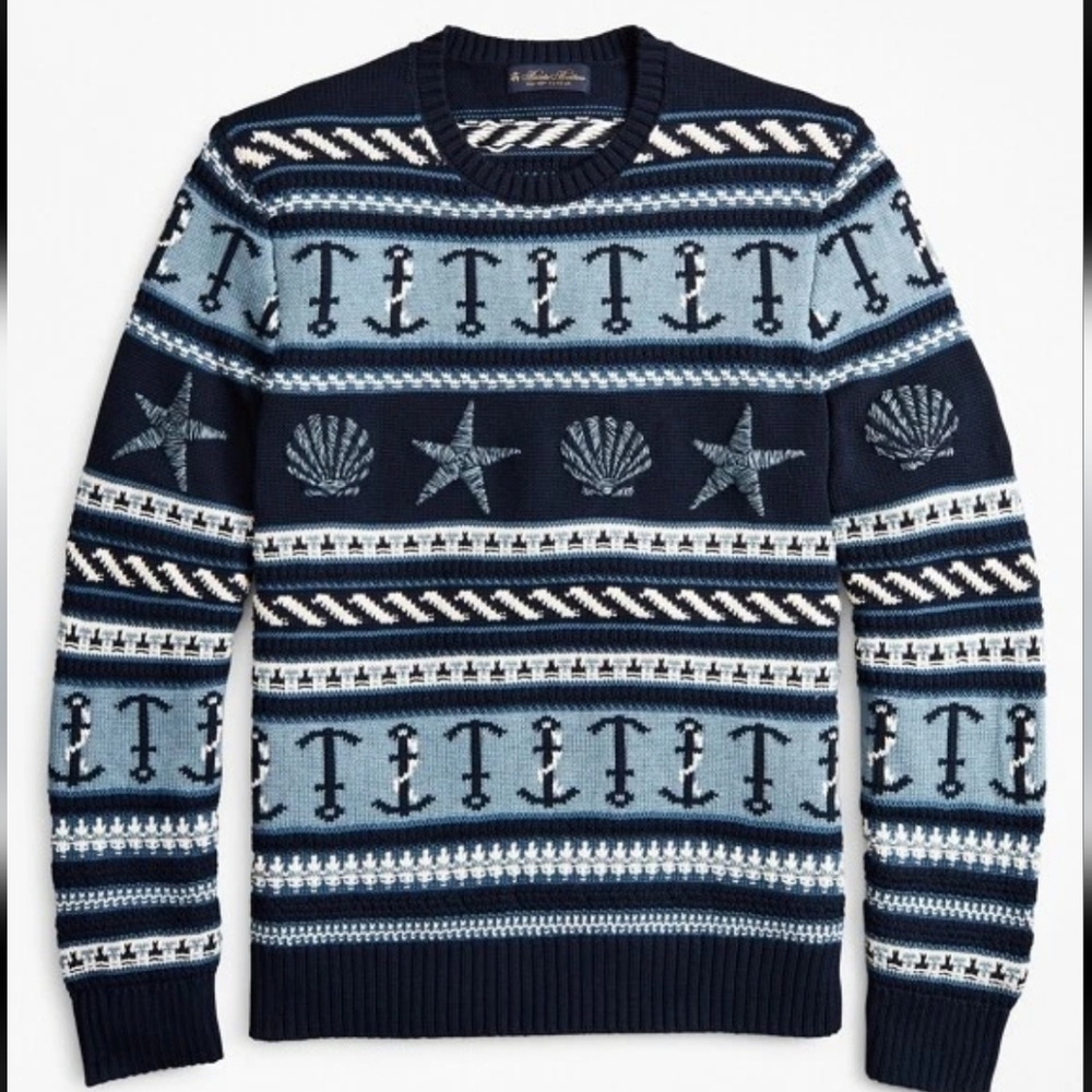 Brooks Brothers Sweater L Navy Supima Cotton Nautical Motif Fair Isle Crewneck